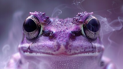 Wall Mural -   A close-up of a purple frog's face with steam rising from its eyes