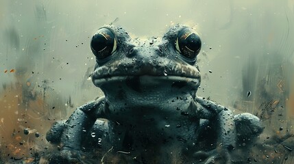 Wall Mural -   Close-up of a frog with water droplets on its face, surrounded by a cityscape