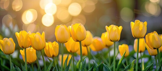 Fototapete - Close up of yellow tulips in the garden creating a beautiful copy space image