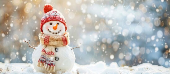 Aufkleber - Greeting card showing a jolly snowman with a unique hat and scarf on a snowy backdrop Copy space image included