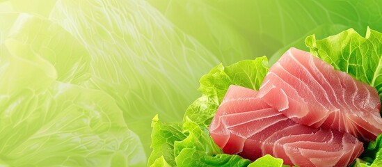 Aufkleber - Tuna fillet on lettuce set against a bright backdrop with copy space image for a banner