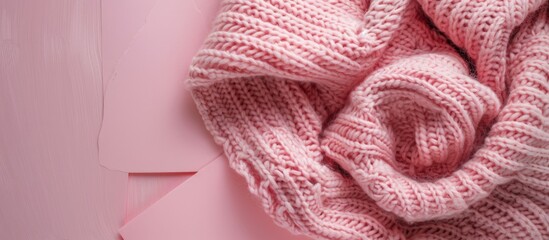 Canvas Print - Pink knitted attire on a pink paper setting with a pink knit blanket Space for text or other elements in the image Shot from above. with copy space image. Place for adding text or design