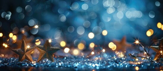 Fototapete - A festive and sophisticated abstract backdrop with twinkling bokeh lights and stars provides a charming copy space image