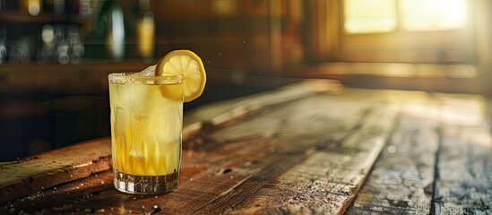 Aufkleber - A wooden table with a fresh slice of lemon garnishing a glass of lemonade provides a rustic copy space image