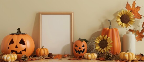 Poster - Halloween themed mockup featuring pumpkins sunflowers and dry leaves arranged around a blank picture frame on a beige wall as copy space image