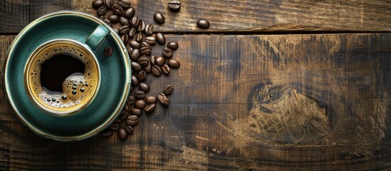Aufkleber - A top view of a cup of coffee and coffee beans displayed on an antique kitchen table providing a copy space image for text