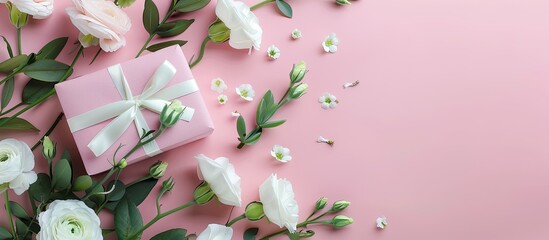 Wall Mural - Top view of white eustoma flowers and a pink gift box on a background for a holidays greeting card concept with copy space image