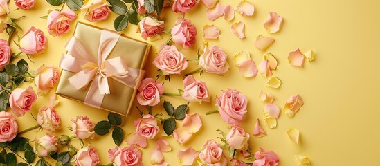 Leinwandbilder - A stunning display of pink roses and a gold gift box with a bow set on a gentle yellow paper background for a Valentine s Day greeting card This top down view offers a copy space image