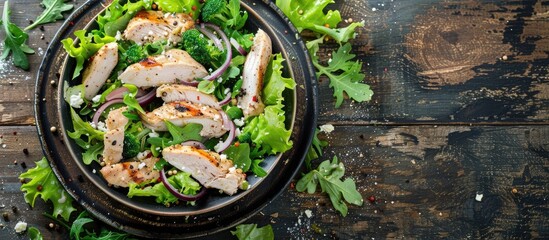 Aufkleber - Healthy green salad with chicken stomach lettuce onion and dressing on a rustic table with copy space image perfect for keto or paleo diet