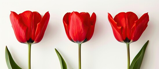 Poster - Three vibrant red tulips set against a white backdrop with space for text centered on the middle tulip. with copy space image. Place for adding text or design
