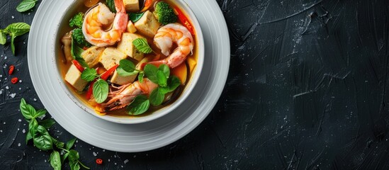 Fototapete - Top down view of a white plate with a variety of traditional Chinese soups featuring shrimp mushrooms tofu cheese and vegetables on a black background leaving space for an image