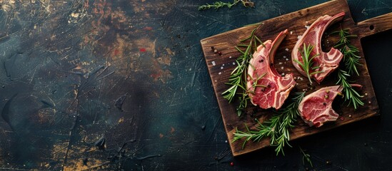 Fototapete - Top down view of a raw lamb chop on a butcher board garnished with rosemary and thyme against a dark backdrop with a spacious area for additional content or text like a copy space image