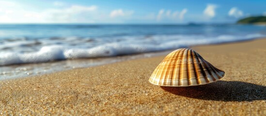 Wall Mural - Solitary clam shell on the sandy beach by the seashore with a vast copy space image