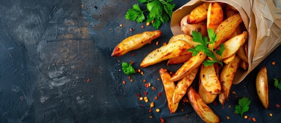 Aufkleber - Top view of crispy homemade baked potato fries with room for text copy space image included