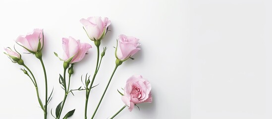 Fototapete - Postcard mockup featuring eustoma flowers on a pristine white background offering a blank copy space image for an invitation card with intricate details