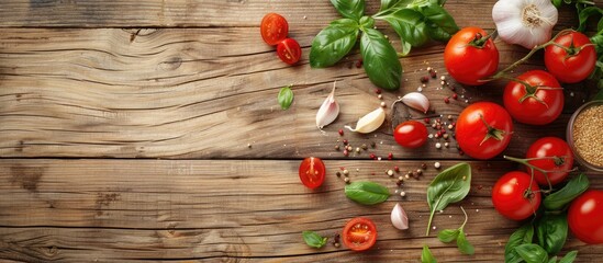 Aufkleber - Fresh ingredients displayed in a flat lay composition on a wooden table with copy space image available for text promoting healthy cooking