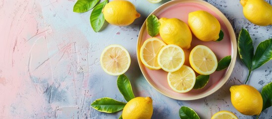 Fototapete - Food and drink ingredients prepared with fresh cut lemon slices and whole lemons on a round plate against a colored background Top view with ample copy space image emphasizing a healthy eating theme