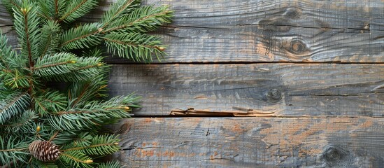 Aufkleber - Festive Christmas backdrop on weathered wood showcasing a green fir branch in the copy space image