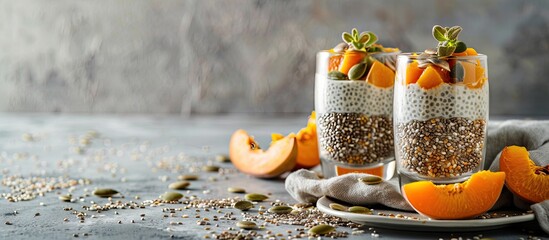 Aufkleber - Vegan chia pudding with persimmon and pumpkin seeds in glasses set against a gray backdrop illustrating a healthy vegan food concept with copy space image