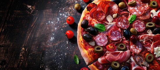 Poster - Salami and olive pizza with a variety of meats shown in a stunning copy space image