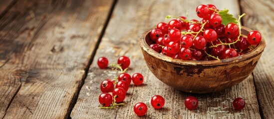 Leinwandbilder - A bowl filled with ripe red currants on a rustic wooden surface with ample copy space for an image