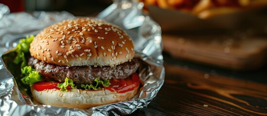 Aufkleber - Close up image of a large beef hamburger in foil packaging with copy space image