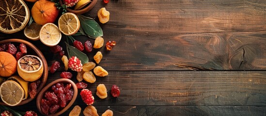 Aufkleber - Healthy eating concept with dried fruits displayed on a wooden background emphasizing a natural and wholesome lifestyle with copy space image