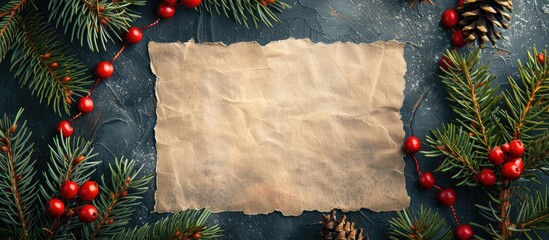 Poster - Christmas themed flat lay composition featuring a decorative frame of fir branches red beads and a paper notice sheet with copy space image from a top down perspective