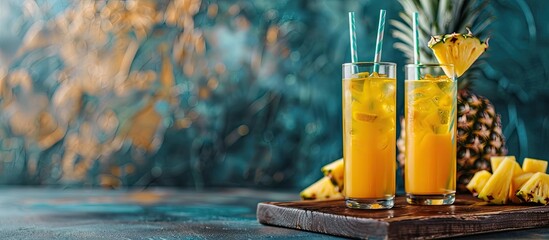 Fototapete - Summer cocktail featuring pineapple juice in tall glasses with straws fresh pineapple displayed on a wooden board over a blue marble backdrop with ample copy space image