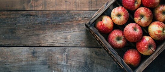Aufkleber - Top down view of a wooden crate with fresh juicy apples on a table offering room for text in the empty area beside the image. with copy space image. Place for adding text or design