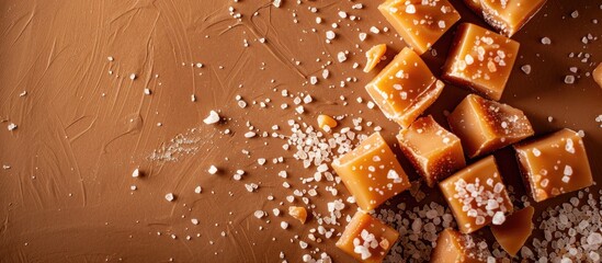 Fototapete - Golden butterscotch toffee caramels and salted caramel pieces sprinkled with sea salt displayed on a brown background with space for text or images. with copy space image
