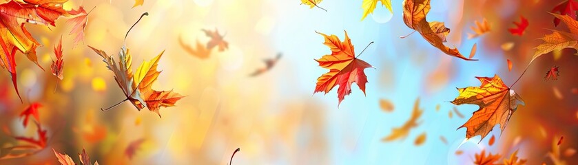 Poster - Abstract autumn background with colorful falling leaves and a clear blue sky, capturing the essence of fall season in vibrant colors.