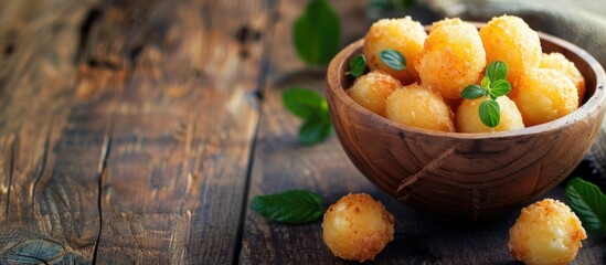 Aufkleber - Wooden bowl with cheese balls highlighting the rustic appeal Capture the essence in a copy space image