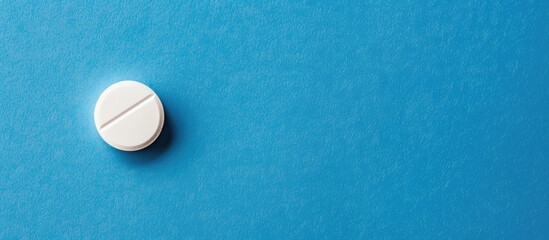 Wall Mural - Healthcare related white circular pill displayed on a blue background with ample copy space image