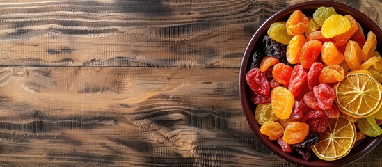 Aufkleber - Healthy eating concept with dried fruits displayed on a wooden background emphasizing a natural and wholesome lifestyle with copy space image