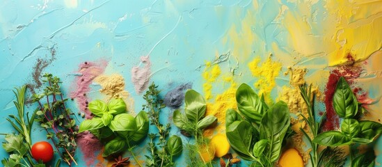 Leinwandbilder - Fresh spices and herbs arranged artistically on a colorful background with copy space image