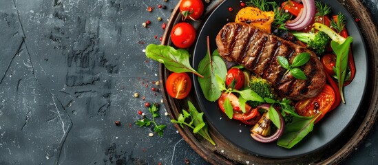 Wall Mural - A plate with grilled meat and vegetables displays a vibrant and healthy meal offering a copy space image