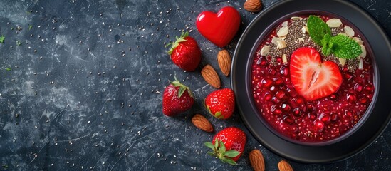 Aufkleber - Valentine s Day breakfast idea Chia pudding with red berry puree almonds and heart shaped strawberry Ample copy space for text