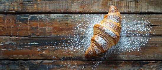 Poster - A single croissant dusted with powdered sugar on a rustic wooden surface with space for your text in the image Seen from above. with copy space image. Place for adding text or design