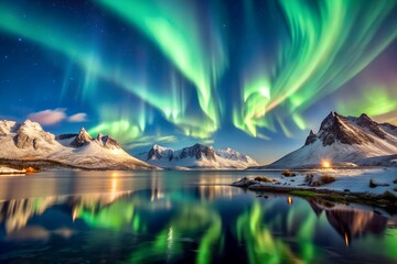 experience the mesmerizing dance of the aurora against norway's snow-capped mountains.