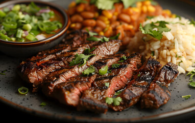 Wall Mural - Sizzling Grilled Steak Strips with Sides of Rice and Beans