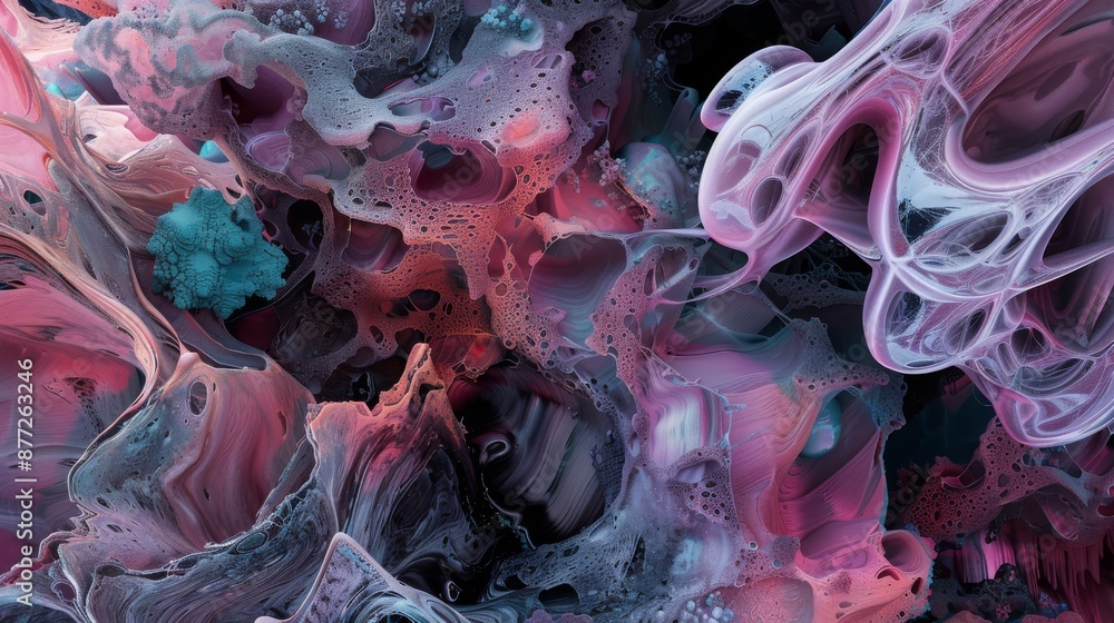 A complex and abstract arrangement of shapes and textures There are ...