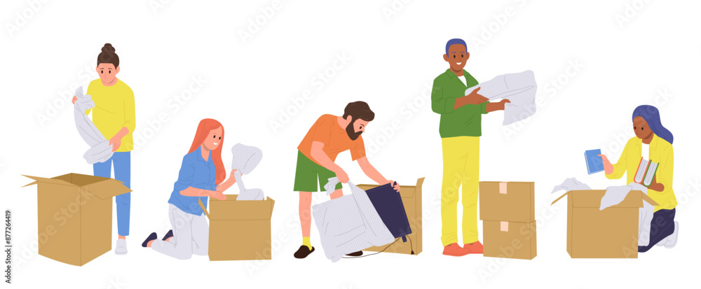 Packing Helper Animation People cartoon characters engaged in packing or unpacking things using ...
