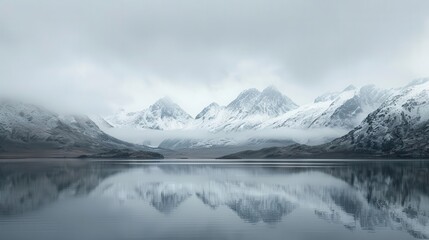 Wall Mural - majestic snowcapped mountains shrouded in misty clouds their jagged peaks piercing a pale winter sky a serene alpine lake reflects the ethereal scene creating a mirrorlike surface