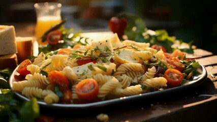 Wall Mural - Freshly cooked pasta served with juicy tomatoes and melted cheese, perfect for a quick meal or snack