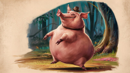 Wall Mural - A large pink pig with a top hat and bow tie standing in the woods, AI