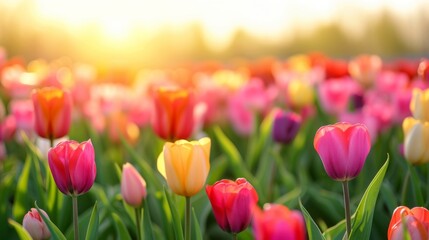 Canvas Print - A vibrant field of blooming tulips in various colors, stretching out under a clear sky