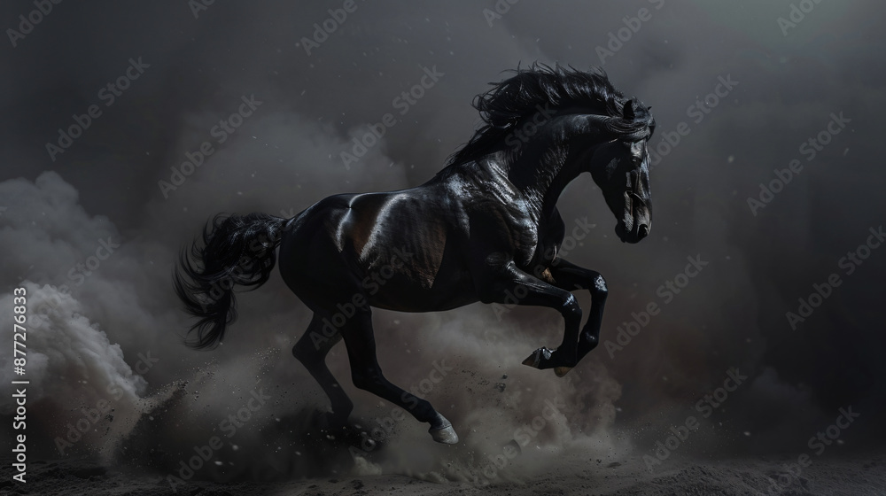 Black Friesian horse rearing up in dust on dark background ...