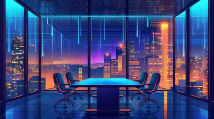 Wall Mural - This depicts a modern conference hall with a skyscraper for a backdrop and an urban view for the shareholders' room.