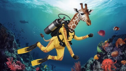 Poster - A giraffe in a scuba suit diving underwater with fish and coral, AI